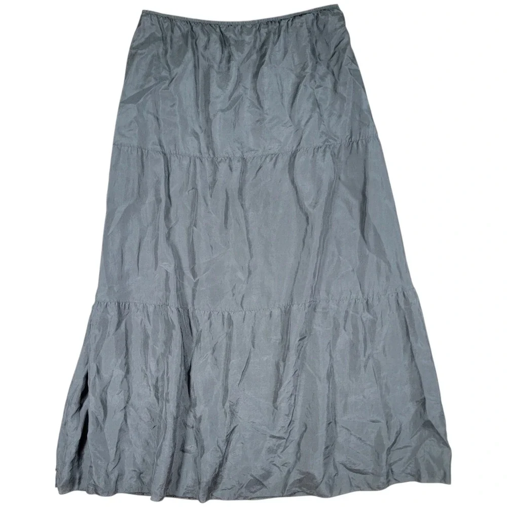 Eileen Fisher Silk Maxi Skirt Womens S Gray Sateen Tiered Long Minimalist Luxe
